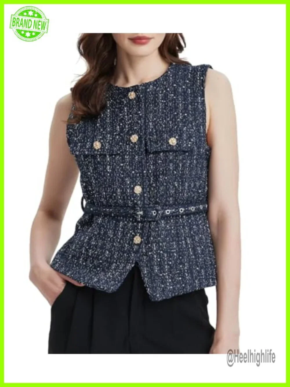 Tweed Blazer Vest Sleeveless Button Down Business Office Waistcoat With Belt